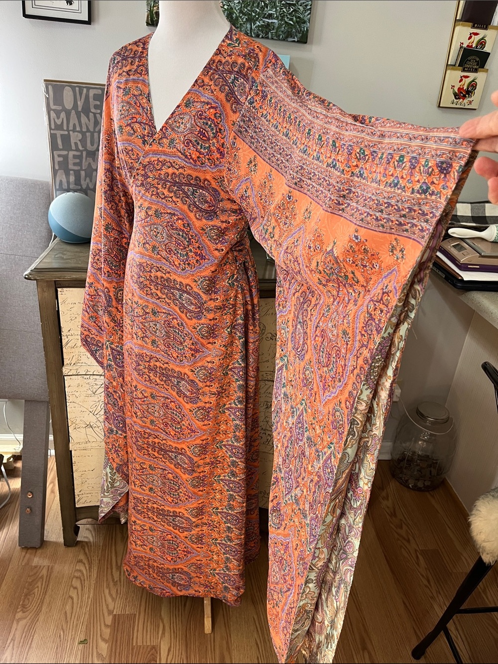 EARTHBOUND REVERSIBLE KIMONO SLEEVE WRAP PAISLEY MULTICOLORED DRESS SIZE LARGE - Picture 11 of 16